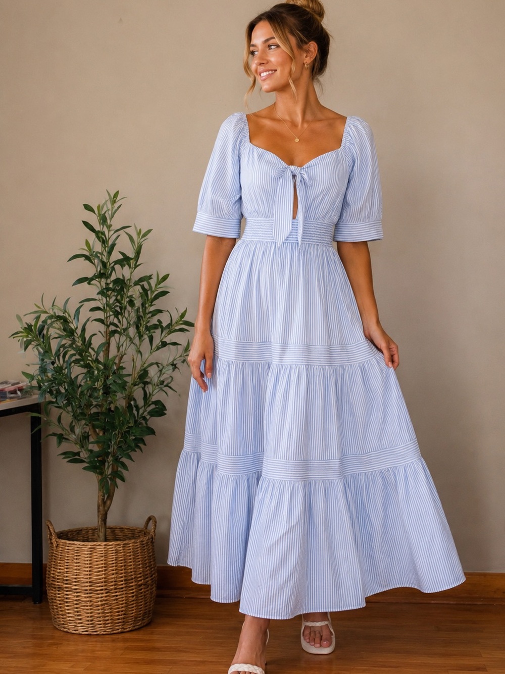 567. Blue & White Striped Tie-Front Maxi Dress